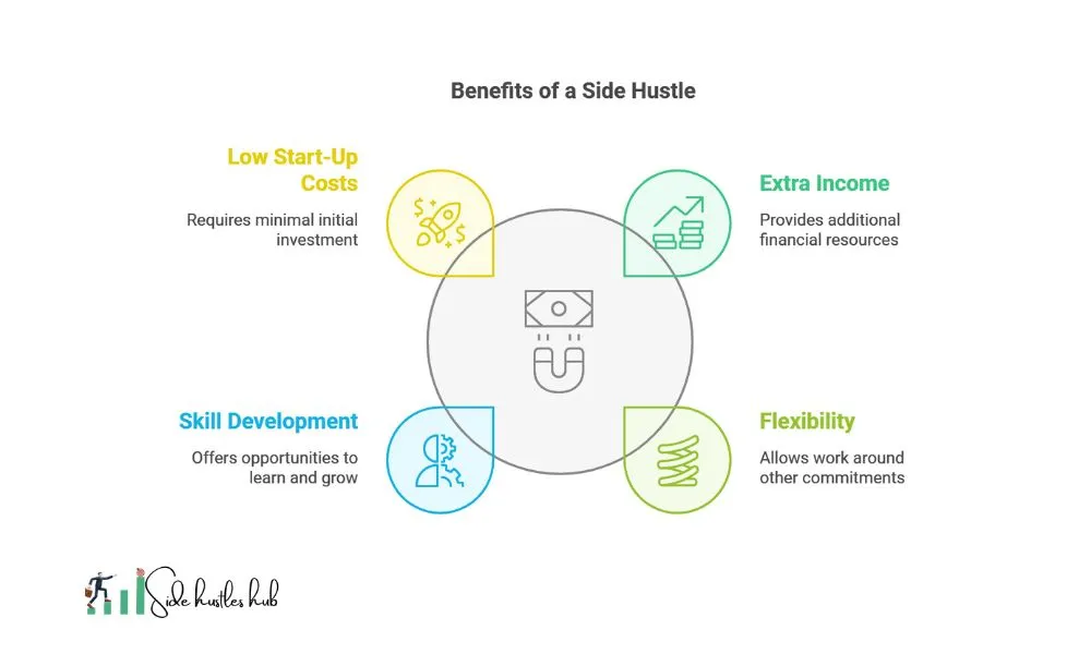 Key benefits of starting a side hustle: extra income, flexibility, skill development, and low start-up costs.