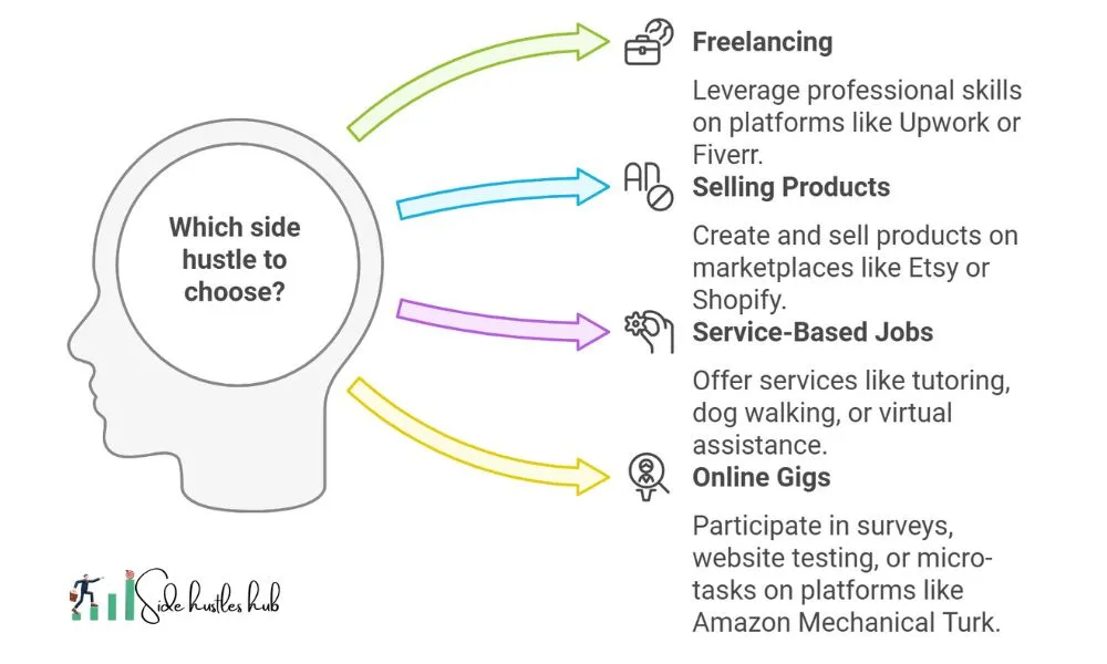 Different types of side hustles: freelancing, selling products, service-based jobs, and online gigs.